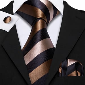 product-fancy-87f1e4af-3fea-44b6-b32d-cfe69b47347d 3pcs Mens frivolous Tie Fashion Brown Black Striped Checks Tie Breathable Necktie Hanky Square Cufflinks Set Wedding Party Groomsman Gift